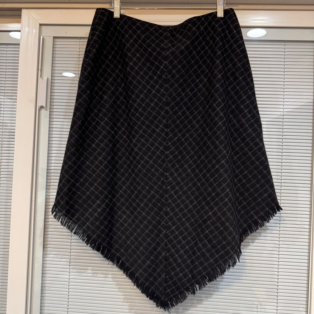 Rafaella Wool Blend Plaid Handkerchief Hem Fringe Skirt Black Grey Size 12